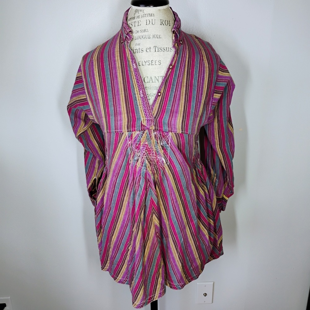 Vintage Bohemian Tunic Womens Small Striped Elephant Embroidered Hippie 70s Boho - Picture 5 of 15